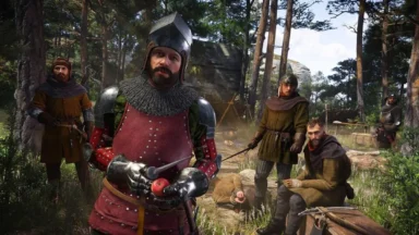 Armored knight holding apple in forest camp