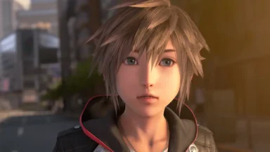 Anime-style young man in hoodie lit by sunset