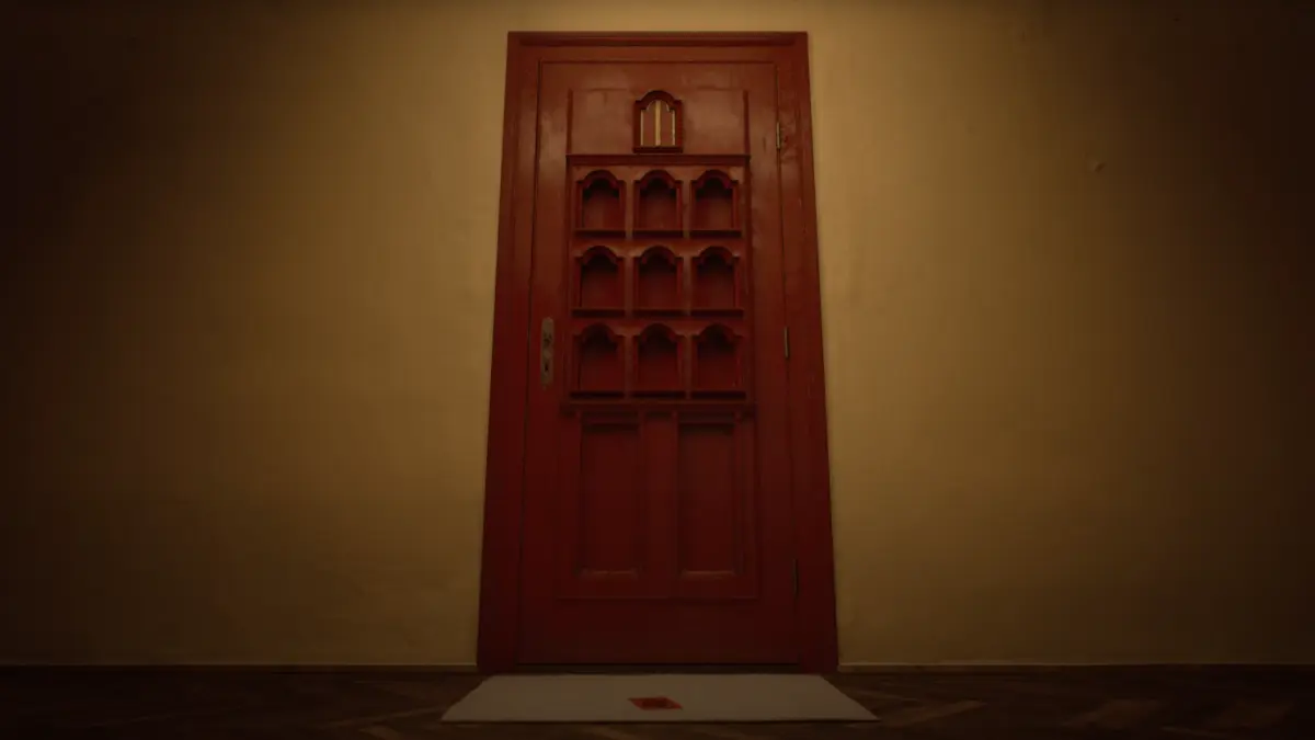 Closed wooden door with decorative carved patterns