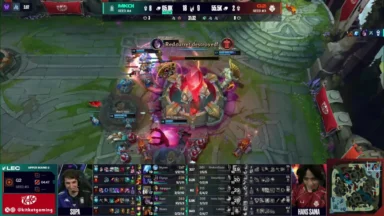 League of Legends match destroying red Nexus turret