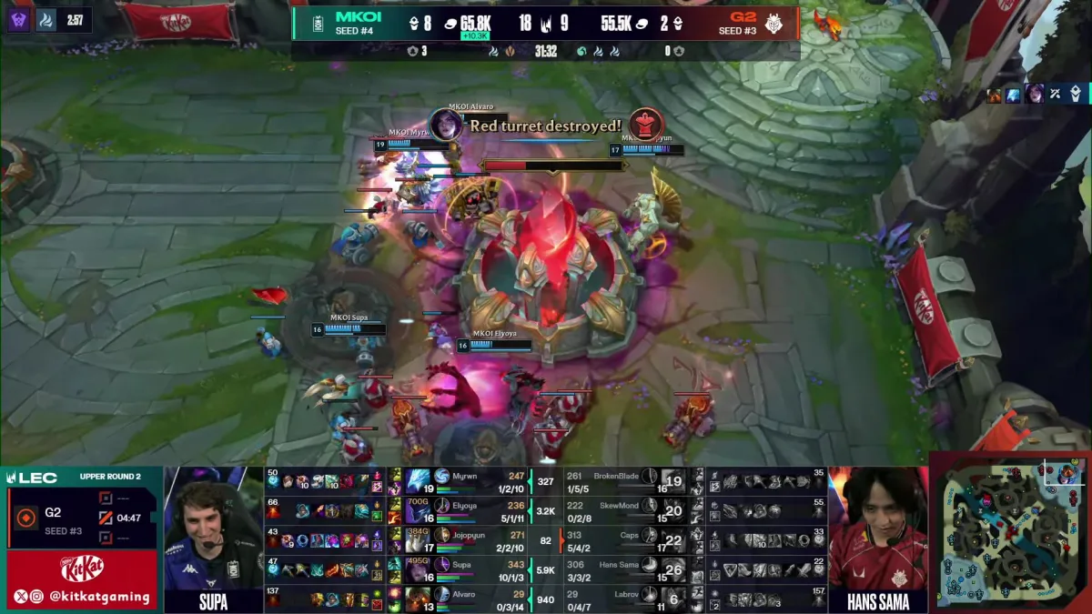 League of Legends match destroying red Nexus turret