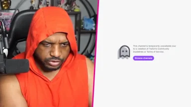 Streamer reacts to Twitch channel suspension notice.