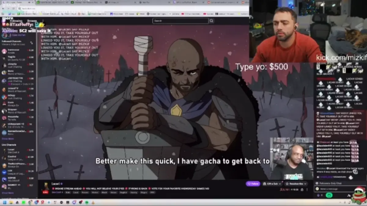 Streamer reacts to animated knight scene on livestream.