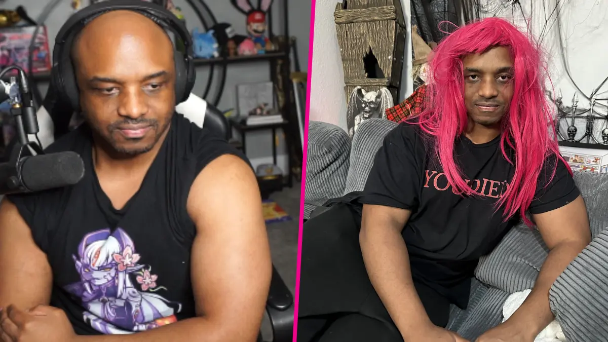 Man at desk and same man in pink wig