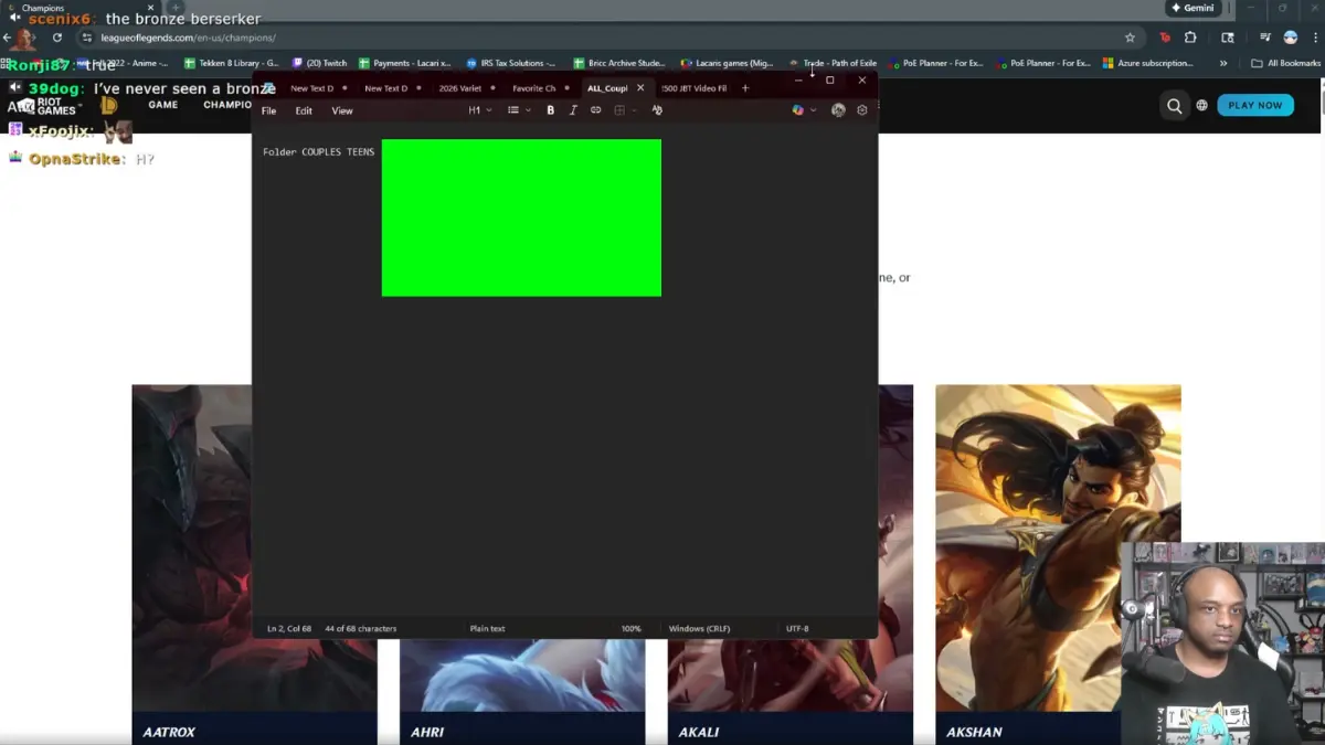 Streamer browsing League of Legends champions webpage