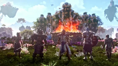 Fantasy warriors preparing for battle before burning fortress