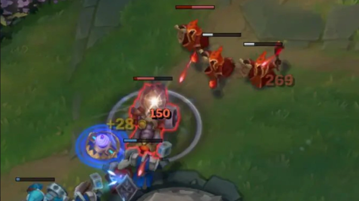 MOBA minions attacking damaged turret in lane