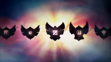Five stylized gaming rank emblems glowing background