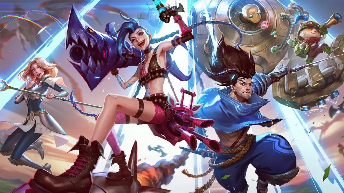 Colorful fantasy heroes charge into battle with weapons