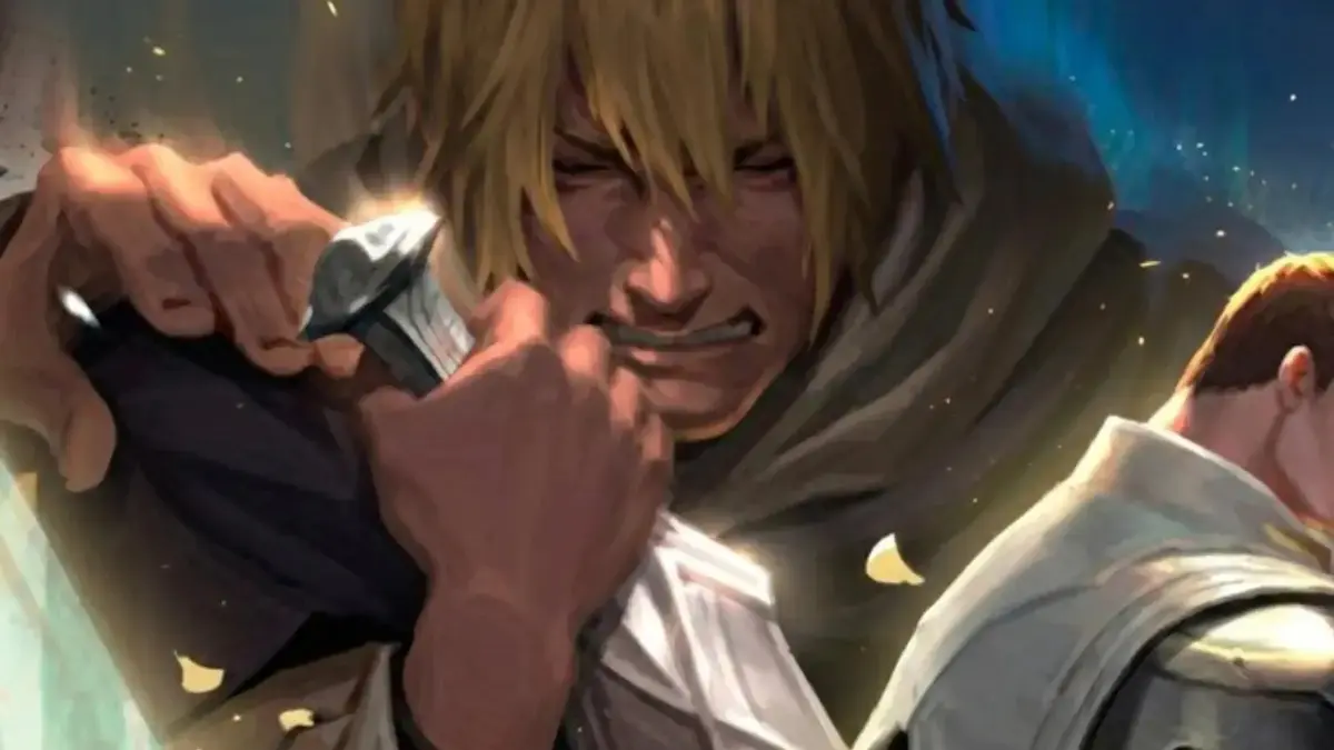 Blond warrior gripping sword in dramatic battle scene