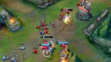 League of Legends teams battle beneath a red turret