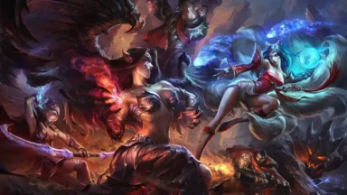Fantasy champions battle amid swirling magic and fire