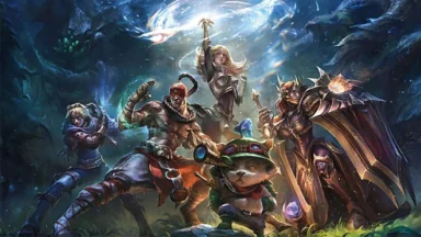 Fantasy game champions gathered in a glowing forest cave