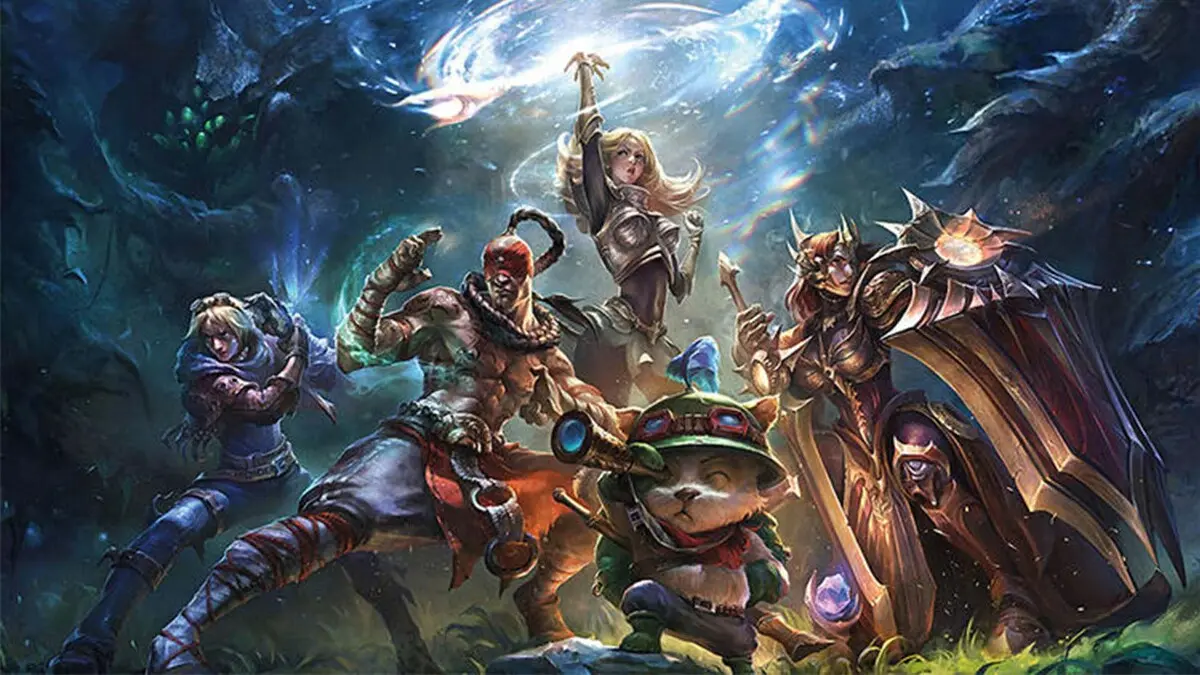 Fantasy game champions gathered in a glowing forest cave