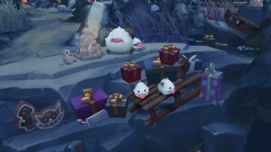 Winter scene with poros and holiday presents