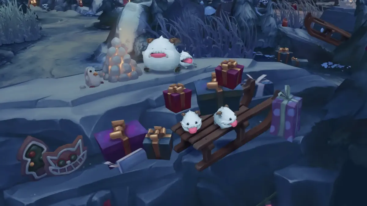 Winter scene with poros and holiday presents