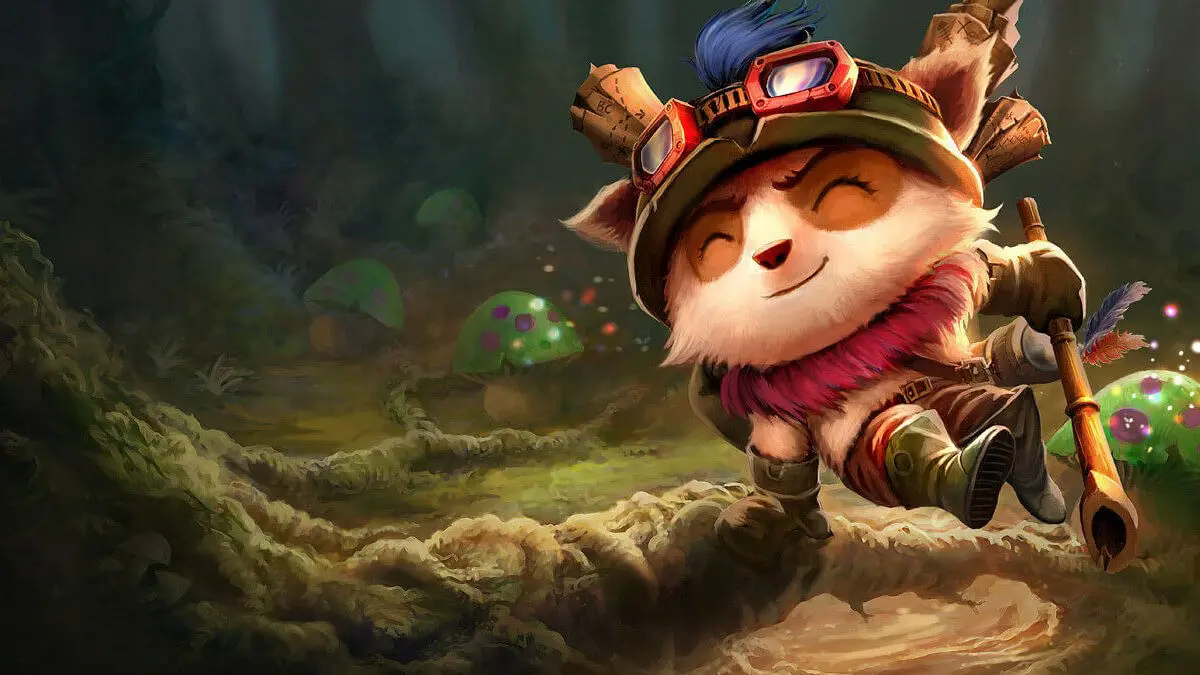 Teemo running through enchanted forest with goggles