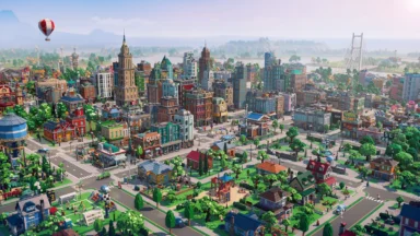 Colorful LEGO-style city skyline with balloon and suspension bridge