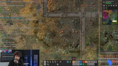 Factorio factory layout with Twitch chat and streamer webcam