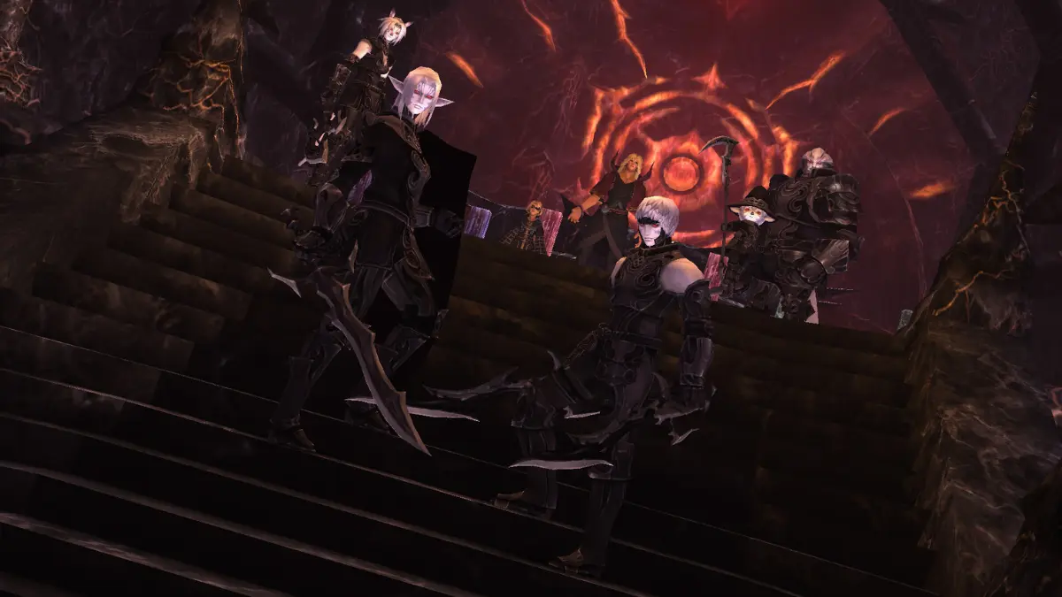 Dark elf warriors in fiery cavern temple