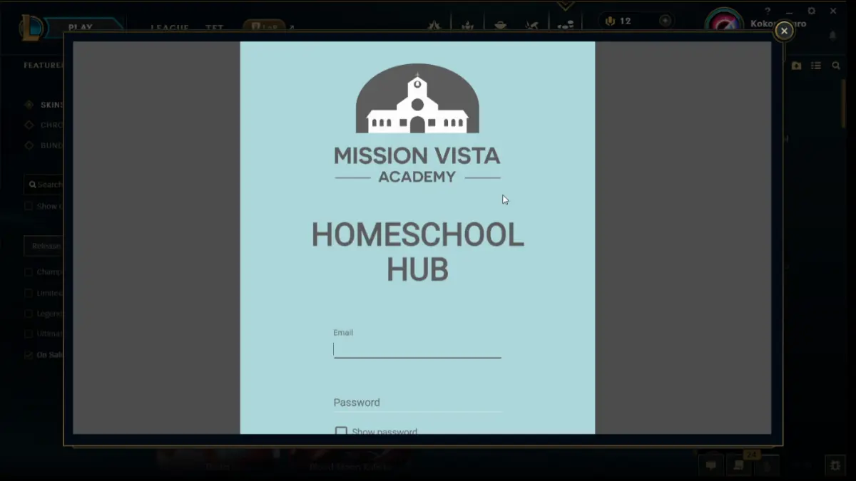 Mission Vista Academy Homeschool Hub login page