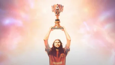 Animated champion holding trophy under glowing sky.
