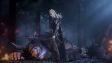 Elf warrior standing over defeated troll in forest.
