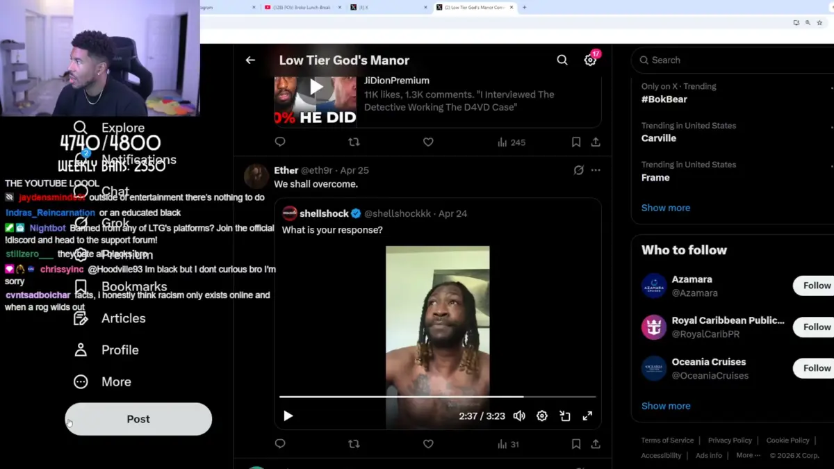 Streamer watches X post featuring shirtless man in video