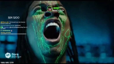 Screaming man with glowing green facial markings in livestream
