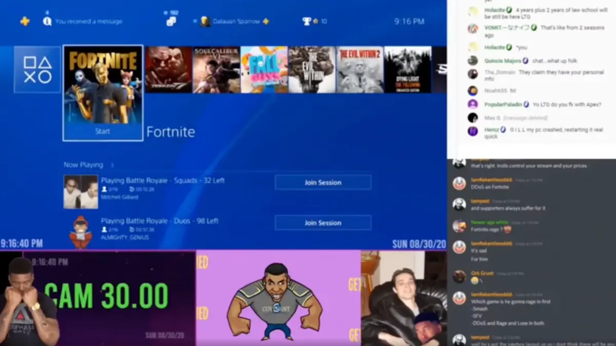 PlayStation 4 Fortnite menu shown during a livestream