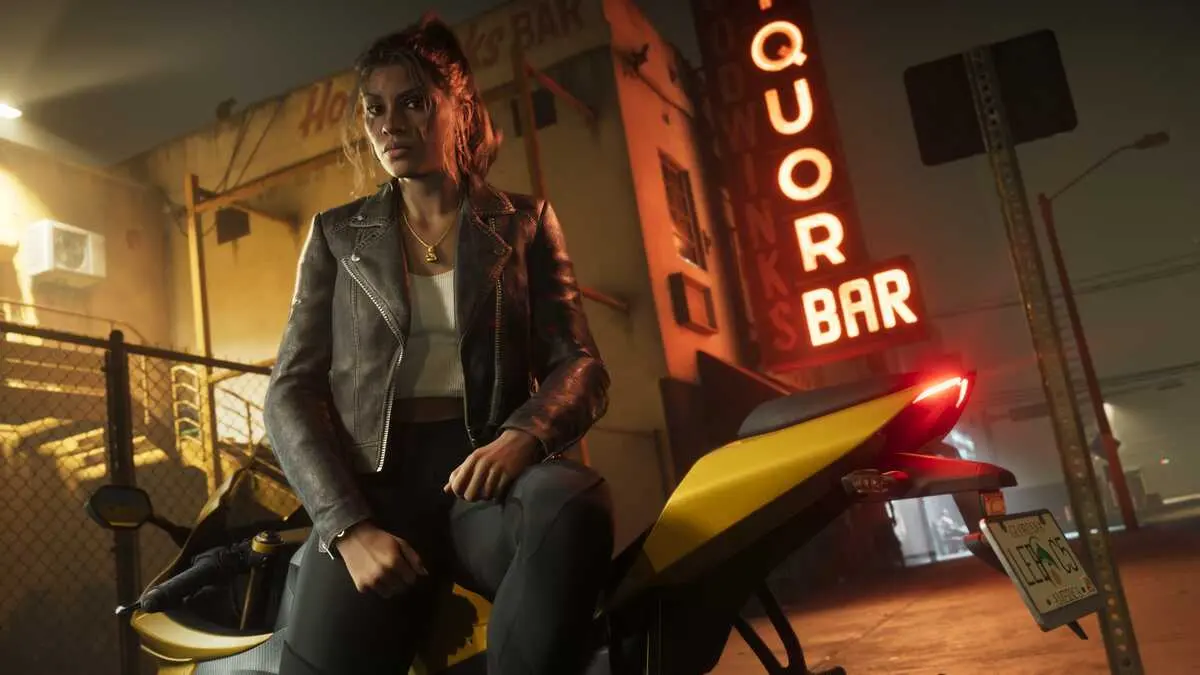 Woman on yellow motorcycle outside neon liquor bar