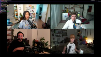 Four streamers in split-screen video call setup