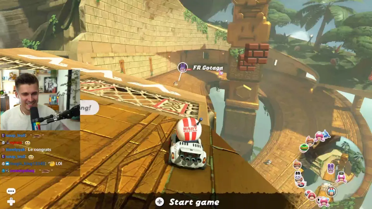 Streamer playing Mario Kart race course gameplay.
