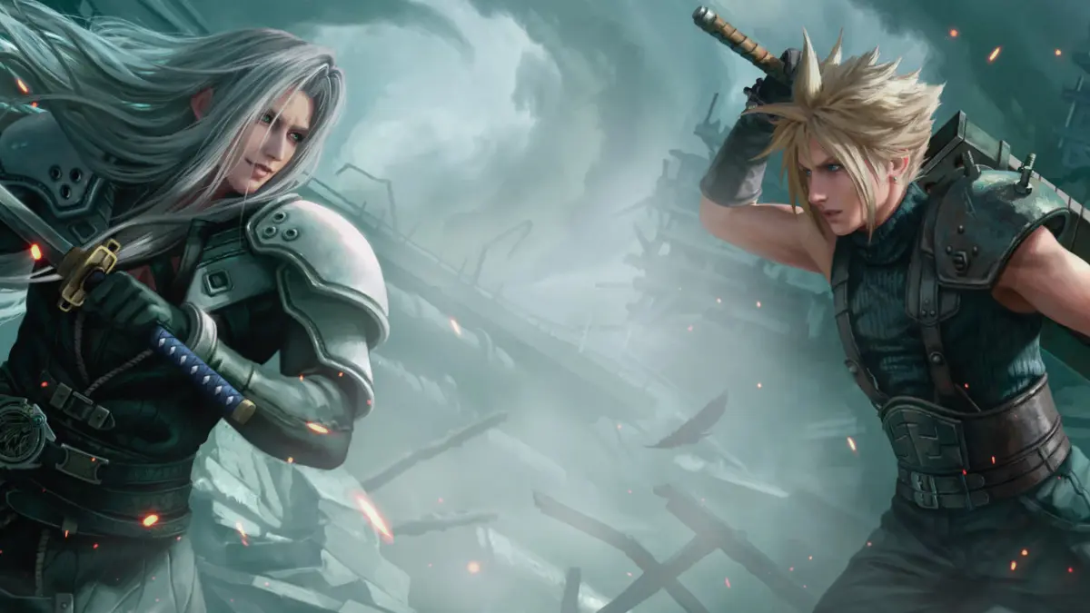 Fantasy characters in action pose with swords drawn.