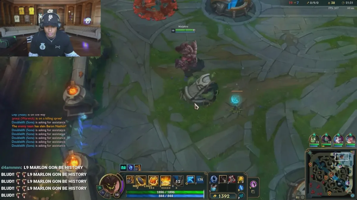 League of Legends gameplay with streamer facecam overlay