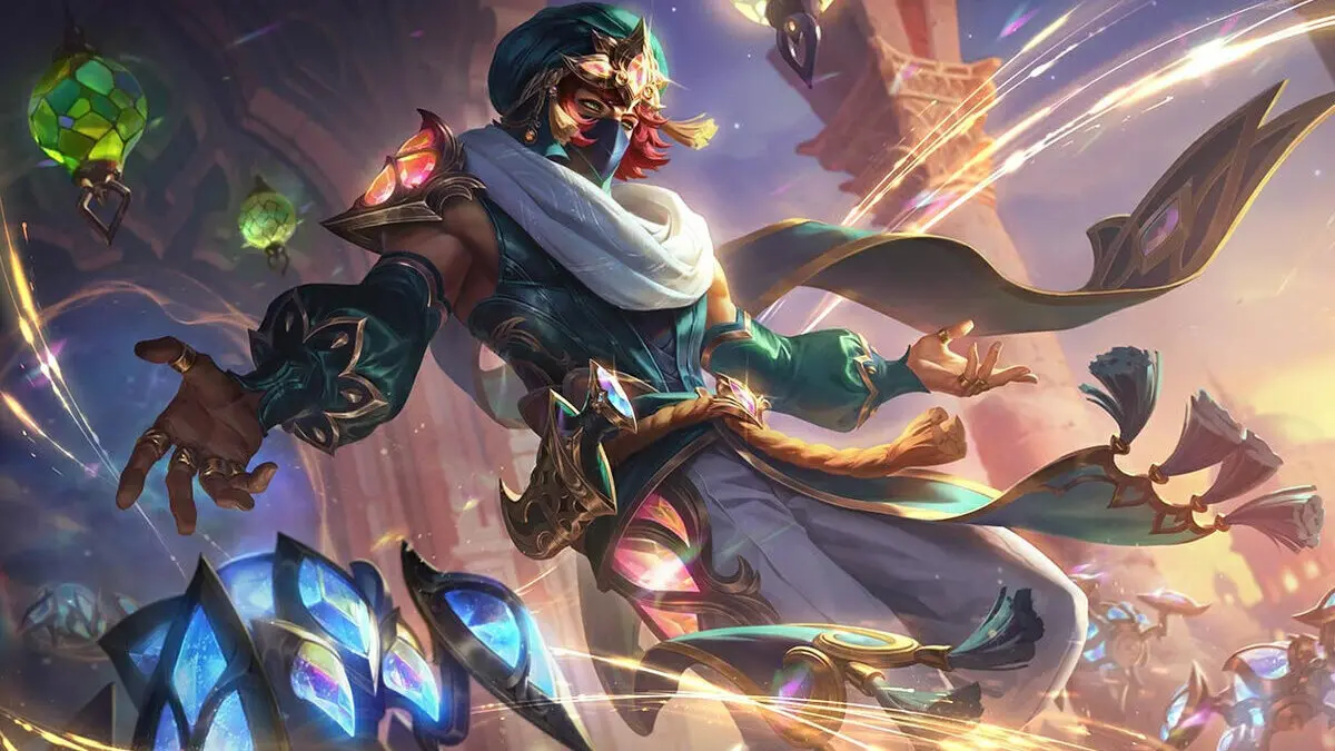 Masked fantasy warrior casting magic in glowing city