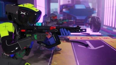 Futuristic armored soldier aiming rifle indoors