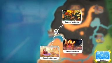 Map showing Bowser's Castle, Wario Stadium, Shy Guy Bazaar
