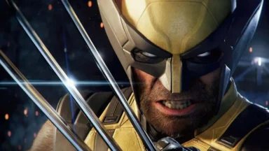 Close-up of Wolverine in yellow mask with extended claws