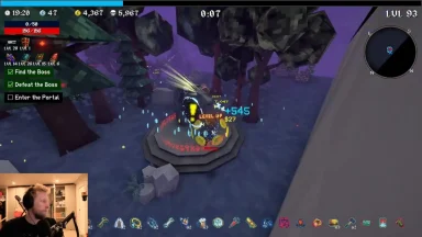 Streamer playing voxel RPG defeating boss and leveling up
