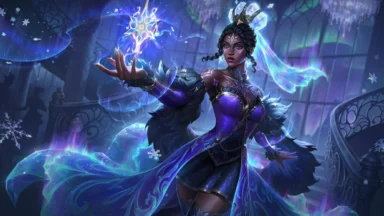 Fantasy sorceress casting glowing ice magic indoors
