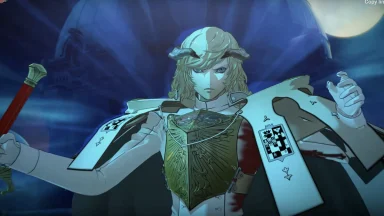 Anime knight in blue light with staff