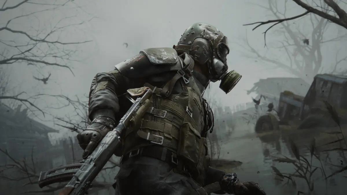 Post-apocalyptic soldier in gas mask holding rifle
