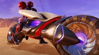 Futuristic motorbike with two riders in desert landscape.