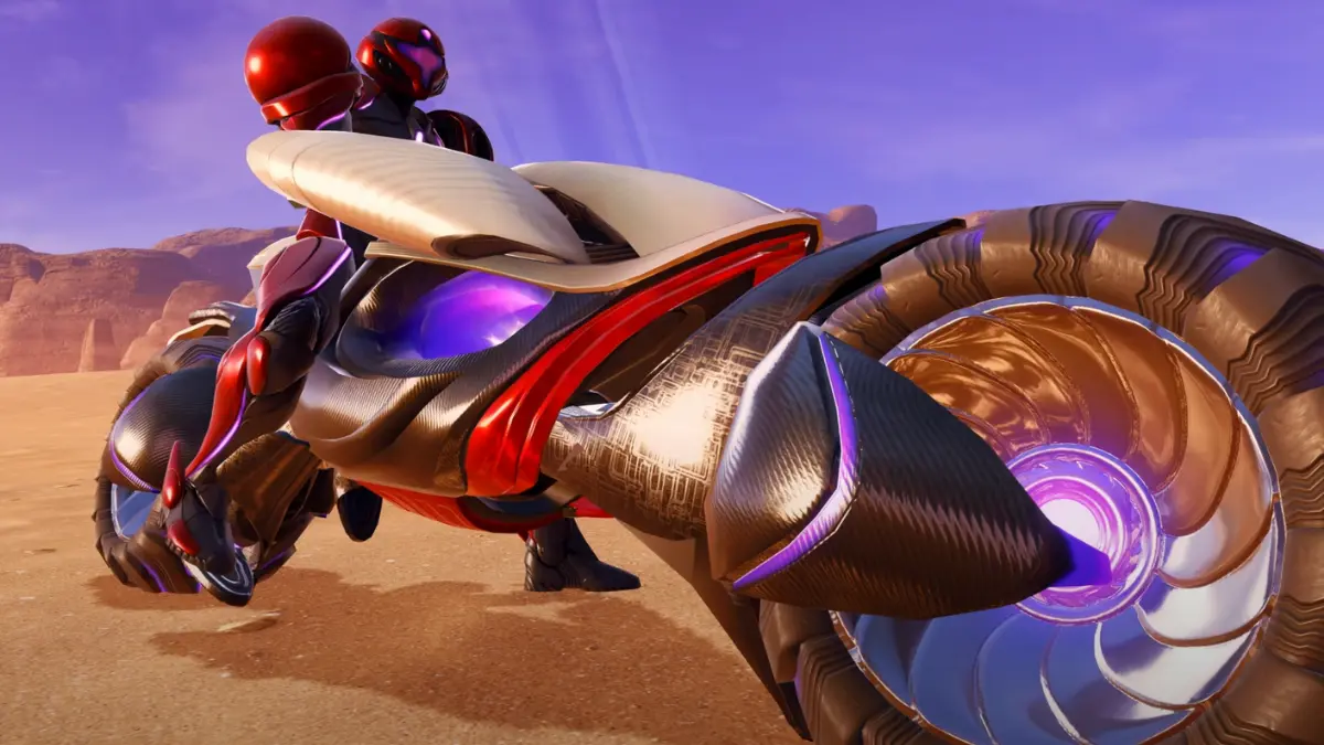 Futuristic motorbike with two riders in desert landscape.