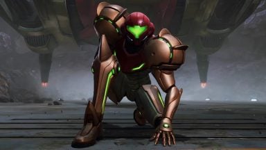 Armored space bounty hunter kneeling in sci-fi setting