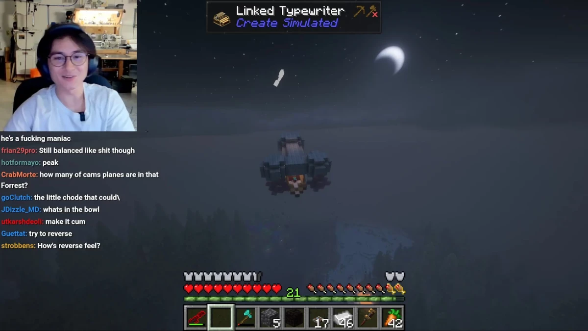 Streamer plays Minecraft at night with a floating airship