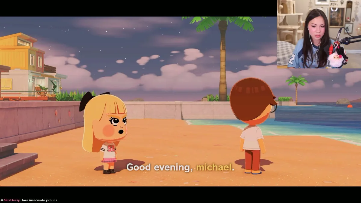 Cartoon characters talking on beach at sunset