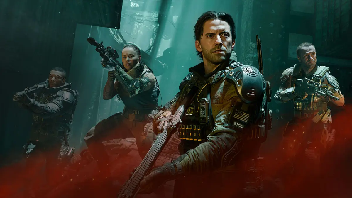 Soldiers in futuristic armor exploring a dark forest.