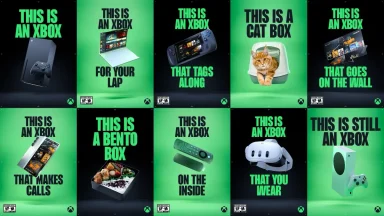 Mint green Xbox-themed advertisement collage.